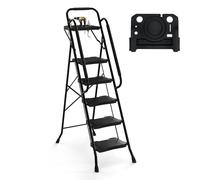 COSTWAY Echelle 5 marches pliable, escabeau jusqu'à 150 kg avec porte-outils, pédales antidérapantes, patins et main courante, escabeau pliant portable