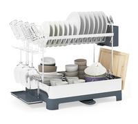 COSTWAY Égouttoir à Vaisselle en Acier Inoxydable, Égouttoir à Vaisselle à 2 Niveaux avec Bac d'Égouttage, Seau & Porte-Couverts, Bec Extensible et Pivotant, Organisateur pour Ustensiles de Cuisine