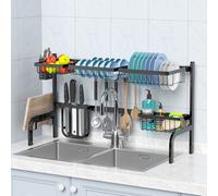 COSTWAY Égouttoir pour évier, Largeur réglable (de 53 cm à 99 cm), Égouttoir à vaisselle à 2 étages pour comptoir de cuisine, Égouttoir avec porte-ustensiles & crochets