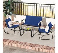 COSTWAY Ensemble 4 PCS Table et Chaises de Jardin, Table en Verre, 2 Chaises à Bascule et Causeuse, pour Balcon Patio Piscine, Bleu