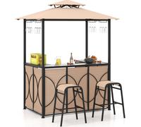 COSTWAY Ensemble bar de jardin, table de bar avec 2 tabourets de bar, étagères métalliques & porte-verre, pavillon de barbecue avec double toit, comptoir de jardin Marron