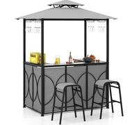 COSTWAY Ensemble bar de jardin, table de bar avec 2 tabourets de bar, étagères métalliques & porte-verre, pavillon de barbecue avec double toit, comptoir de jardin Gris