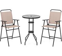 COSTWAY Ensemble bistrot 3 pièces avec plateau en verre, 2 chaises pliantes et trou pour parasol de 4 cm, Beige
