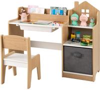 COSTWAY Ensemble bureau & chaises pour enfants, table d'écolier avec étagères ouvertes, tiroir & bac en tissu, ensemble de tables de bricolage Ensemble de meubles pour enfants