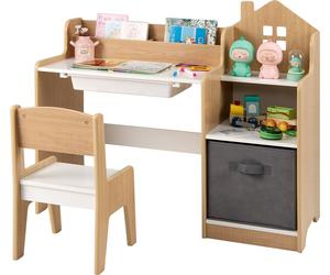 COSTWAY Ensemble bureau & chaises pour enfants, table d'écolier avec étagères ouvertes, tiroir & bac en tissu, ensemble de tables de bricolage Ensemble de meubles pour enfants