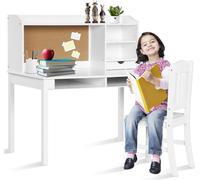 COSTWAY Ensemble bureau enfant, bureau enfant avec tableau d'affichage, chaise, rehausse, tiroirs & étagère réglable, bureau élève, blanc