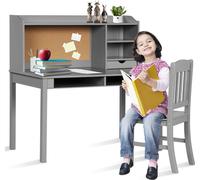 COSTWAY Ensemble bureau enfant, bureau enfant avec tableau d'affichage, chaise, rehausse, tiroirs & étagères réglables, bureau élève, gris