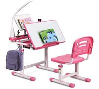 COSTWAY Ensemble Bureau et Chaise avec Lampe Enfants Inclinable 0-40° Hateur Réglable et Table à Dessin avec 1 Tiroir Rose