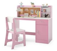 COSTWAY Ensemble Bureau et Chaise d'Étude pour Enfants 3+ Ans avec Étagères, Tiroir, Tableau en liège, Rose