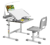 COSTWAY Ensemble Bureau et Chaise pour Enfants avec Éclairage LED, Plateau Incliné et Tiroir Coulissant, Réglable en Hauteur Gris