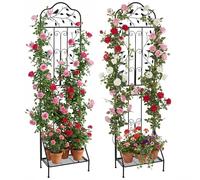 COSTWAY Ensemble de 2 treillis métalliques, 3 en 1 clôture décorative de jardin, étagère à fleurs&support de plantes, support de plantes grimpantes indépendant, treillis jardin noir