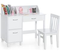 COSTWAY Ensemble de bureau pour enfant, bureau d'écolier avec chaise, étagère, rangement & armoire de rangement, bureau enfant, blanc