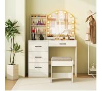 CostwayEnsemble de Coiffeuse et Tabouret Coiffeuse avec Miroir et Lumières Station de Charge Lumières LED Réglables à 3 Couleurs 4 Tiroirs Blanc