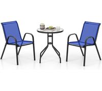 COSTWAY Ensemble de meubles de balcon 3 pièces, table de bistrot avec 2 chaises empilables, set de bistrot, set de jardin, salon de jardin, ensemble de sièges, groupe de sièges bleu