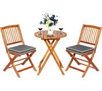 COSTWAY Ensemble de meubles de jardin 3 pièces, table de bistrot avec 2 chaises, meubles de balcon groupe de sièges pliables avec 2 coussins, ensemble de jardin, groupe de sièges en bois d'acacia gris