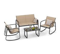 COSTWAY Ensemble de meubles de jardin 4 pièces, meubles de terrasse avec mouvement de balancement doux, 2 chaises, banc & table, ensemble de salon pour 4 personnes, ensemble de jardin marron
