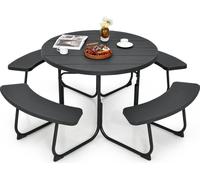 COSTWAY Ensemble de sièges pour 8 personnes, meubles de jardin Table de pique-nique avec trou pour parapluie, 4 bancs & table de jardin ronde avec plateau de table HDPE Noir