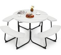 COSTWAY Ensemble de sièges pour 8 personnes, salon de jardin Table de pique-nique avec trou pour parapluie, 4 bancs & table de jardin ronde avec plateau de table HDPE Blanc