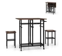 COSTWAY Ensemble de Table à Manger Extensible 3 Pièces avec 2 Tabourets, Roues Verrouillables, Étagères de rangement, Marron