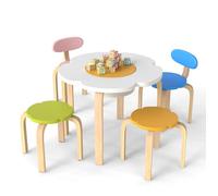 COSTWAY Ensemble de Table d'Activités 5 Pièces Enfants en Bois-2 Chaises 2 Tabourets Colorés avec Rangement en Forme de Fleur