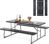 COSTWAY Ensemble de table de brasserie pliable, 183cm Ensemble de table de brasserie avec plateau de table HDPE, trou de parapluie & cadre métallique, Ensemble de siège, noir
