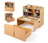 COSTWAY : Ensemble de table enfant 3 en 1 avec 2 chaises sur roulettes, comprenant une table enfant avec 4 compartiments et un espace de rangement dissimulé, une étagère pour enfants, un coin lecture,