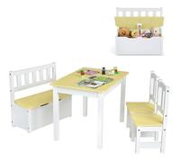 COSTWAY Ensemble de Table et Chaises pour Enfant,avec Table, 2 Chaises et Banc de Rangement 2 en 1,pour Étudier et Manger, Naturel