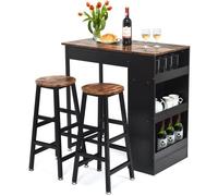 COSTWAY Ensemble de Table Haute de Bar 3 Pièces, avec 2 Tabourets de H70cm, Étagère Latérale à 3 Niveaux, pour Cuisine, Restaurant