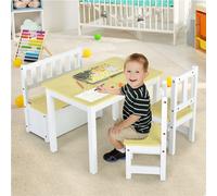 COSTWAY Ensemble de table pour enfants, 4 pièces, bois, table pour enfants, chaises, banc avec espace de rangement, ensemble de table pour enfants, meubles pour enfants, ensemble de siège pour enfants
