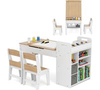 COSTWAY Ensemble table & chaise d'art avec rouleau de papier, table de bricolage pour enfants avec plateau relevable, étagères de stockage, récipients en tissu & portable