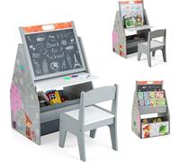 COSTWAY Ensemble table & chaise pour enfants Chevalet d'art double face pour enfants, avec tableau magnétique et tableau blanc Gris