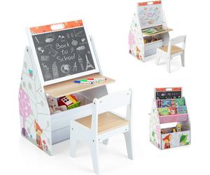 COSTWAY Ensemble table & chaise pour enfants Chevalet d'art double face pour enfants, avec tableau magnétique et tableau blanc Blanc