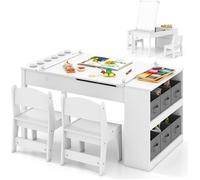 COSTWAY Ensemble Table Enfant 3 en 1 et 2 Chaises-6 Bacs de Rangement-Plateau Relevable-Rouleau de Papier & Gobelet à Peinture-Blanc