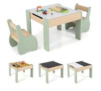 COSTWAY Ensemble Table et 2 Chaises 3 en 1 pour Enfant, Tableau 2 Face (Noir & Blanc ) avec Fonction de Stockage en Bois Vert
