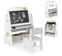 COSTWAY Ensemble Table et Chaises 4 en 1 pour Enfants - Chevalet d'Art Étagère avec Tableau Blanc et Tableau Noir Magnétiques Gris