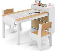 COSTWAY Ensemble table et chaises d'art pour enfants, table à dessin avec 2 chaises, rouleau de papier et support de rouleau de papier, casiers de rangement, étagères ouvertes