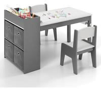 COSTWAY Ensemble table et chaises d'art pour enfants, table à dessin avec 2 chaises, rouleau de papier et support de rouleau de papier, casiers de rangement, étagères ouvertes