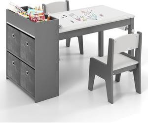 COSTWAY Ensemble table et chaises d'art pour enfants, table à dessin avec 2 chaises, rouleau de papier et support de rouleau de papier, casiers de rangement, étagères ouvertes