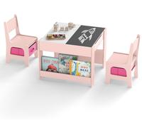 COSTWAY, ensemble table et chaises pour enfants 4 en 1 : table d'activité avec plateaux double face et étagères, 2 chaises avec compartiments de rangement, meubles pour enfants