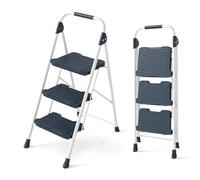 COSTWAY Escabeau Pliable 3 Marches avec Main Courante Rembourrée (Bleu) | Échelle Légère Portable Pédales Antidérapantes Robuste en Acier au Carbone pour Cuisine, Jardin Bureau, Charge 360 KG