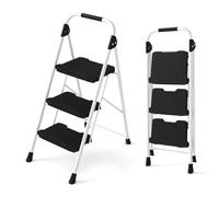 COSTWAY Escabeau Pliable 3 Marches avec Main Courante Rembourrée (Noir) | Échelle Légère Portable Pédales Antidérapantes Robuste en Acier au Carbone pour Cuisine, Jardin Bureau, Charge 360 KG
