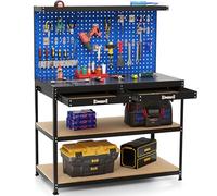 COSTWAY Établi Atelier Garage avec Étagères Tiroirs 3 Panneaux Perforés, Table de Travail Cadre en Métal avec 24 Accessoires de Suspension pour Garage Atelier Entrepôt, 121 x 61 x 156 cm (Noir+Bleu)