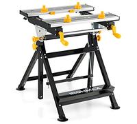 COSTWAY Établi Pliable avec Plate-Forme Inclinable 7 Hauteurs réglables, Support de Scie Garage Cadre en Alu avec 2 Poignées de Serrage et 8 Pinces Coulissantes, Tréteau Plan de Travail Portable