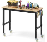 COSTWAY Etabli réglable, établi d'atelier avec roulettes & surface de travail de 122cm, établi d'outillage jusqu'à 1100kg cadre métallique bois caoutchouc
