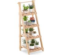 COSTWAY Étagère à fleurs pliante, Étagère échelle avec 4 étagères, Étagère à fleurs en bois de sapin, Étagère à plantes Porte-fleurs, Porte-plantes 52x38x109cm Naturel