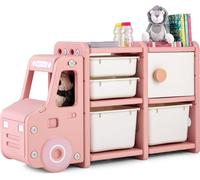 COSTWAY Étagère à jouets, 2 niveaux d'étagères pour enfants avec armoire et boîtes de rangement, 110 x 32 x 66 cm (rose)
