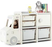 COSTWAY Étagère à jouets pour voiture, 2 niveaux Étagère pour enfants avec tiroirs et boîtes de rangement, montage facile 110x32x66cm Gris