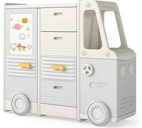 COSTWAY Etagère à jouets voiture, étagère pour enfants en forme de bus avec tableau blanc, 4 tiroirs & armoires, bibliothèque, étagère pour chambre d'enfant, 111x34x94cm
