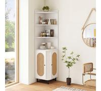 COSTWAY Etagere d’Angle, Bibliotheque Angle Rotin PE Porte Cannge (Blanc) | Meuble angle Cannge 4 Étageres, Pied en Métal, Armorie Angle Double Porte pour Recoin, 40 x 40 x 172 cm