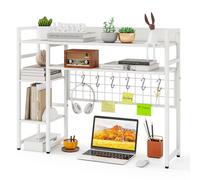COSTWAY Étagère de Bureau à 4 Niveaux avec Panneau à Grille, Blanc | Organisateur de Bureau pour Moniteurs d'Ordinateur jusqu'à 32", avec 6 Crochets, pour Bureau et Dortoir